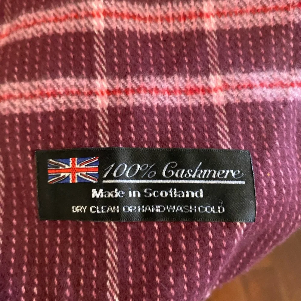 100% Cashmere Made in Scotland Plaid Burgundy and Pink Scarf
